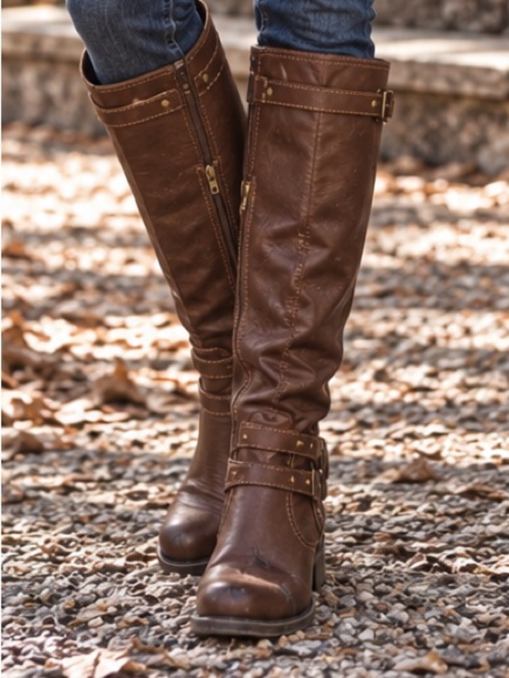 Size 7.5 Mina Rich Brown Faux Leather Riding Boots Buckle Details